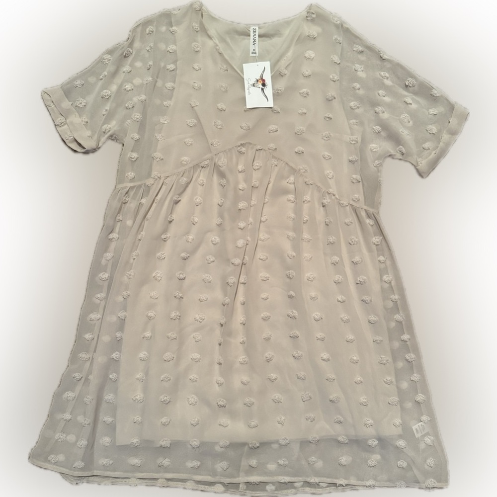 NWT Zenana Outfitters Sz Small Cream  Casual Tank Dress w/ Pom Pom dot overlay